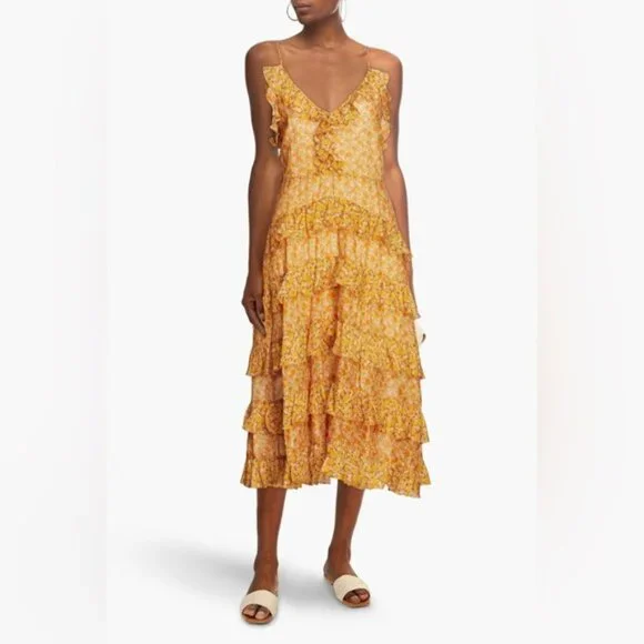 ❌❌SOLD❌❌450 MAJE Printed Cotton Voile Dress With Ruffles Orange | Womens Dresses - Picture 4 of 11